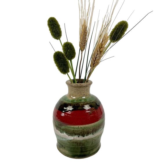 Studio Art Pottery Vase 5.5" Tall Fat Lava-Style Glaze Red/Green/Brown Signed - Picture 1 of 8